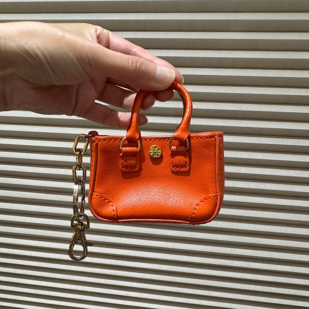 Tory Burch classic signature orange leather mini tote key fob chain charm